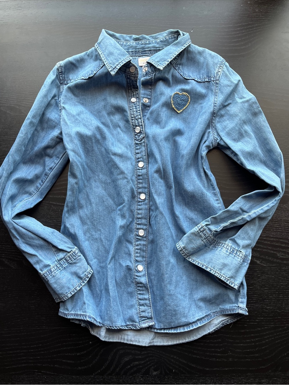 Dreampop Girls' Blue Denim Long Sleeve Button-Up Shirt with Heart Patch